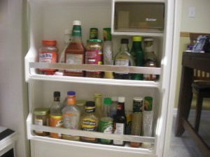 We have more condiment bottles than anything else right now. Each one has about 1/2 inch of product left in the bottom. 